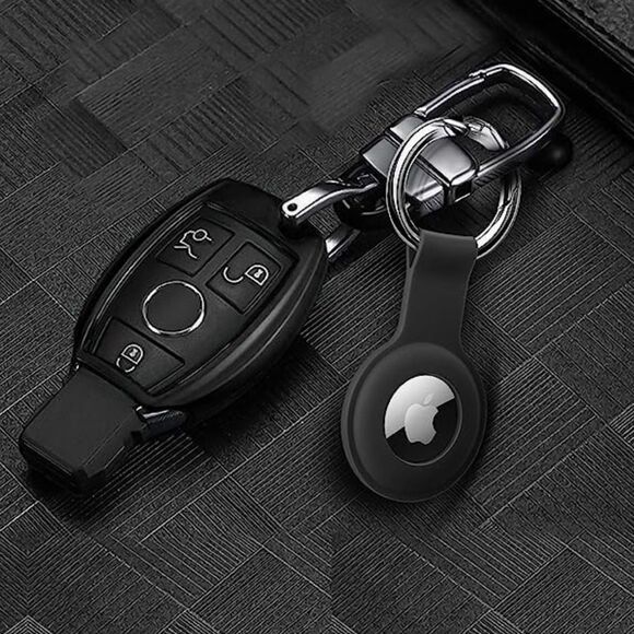 Apple Air Tag Holder Case Cover Black 2 Silicone Sleeve Skin Keychain Ring OrB6 - Picture 6 of 7